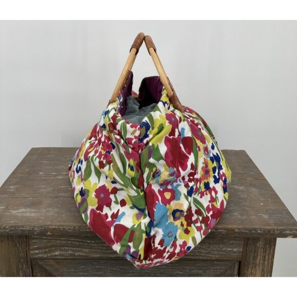 Large Antique Wicker & Canvas Handbag Colorful Floral Boho Beach Vacation - Picture 3 of 13